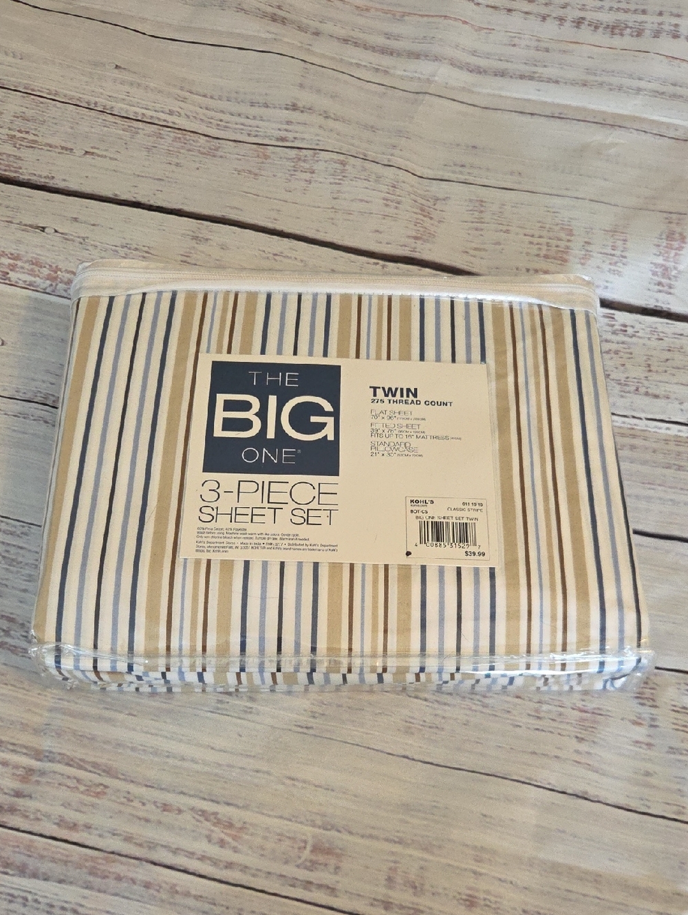 The Big One Twin 3-Piece Sheet Set - Beige and Blue Stripes